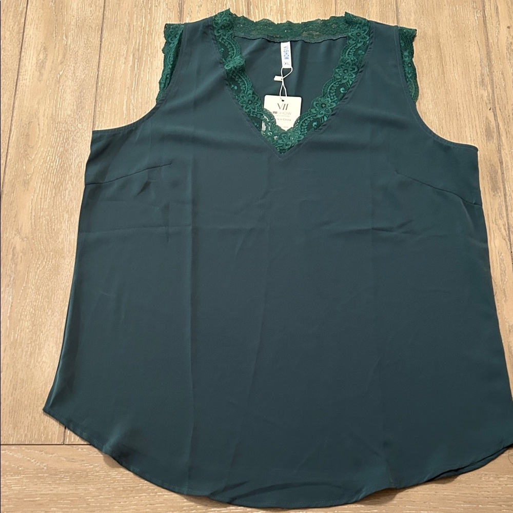 NWT Elegant Deep Green Lace Trim Sleeveless Blouse XL